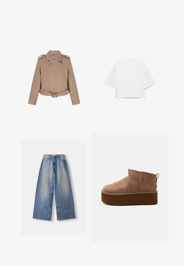Veste courte en laine marron avec un col montant, un devant à double boutonnage, des poches latérales et une taille ceinturée ; présente des accents en métal.; T-shirt blanc à manches courtes, coupe carrée, en coton doux. Présente un col rond et des manches larges, avec un design épuré et simple.; Jean bleu clair à jambes larges avec un devant délavé, style cinq poches, fermeture par bouton et fermeture éclair, posé à plat sur fond blanc.; Bottine marron en daim de hauteur moyenne, style slip-on, avec une semelle épaisse compensée et un onglet à l’arrière sur fond clair.