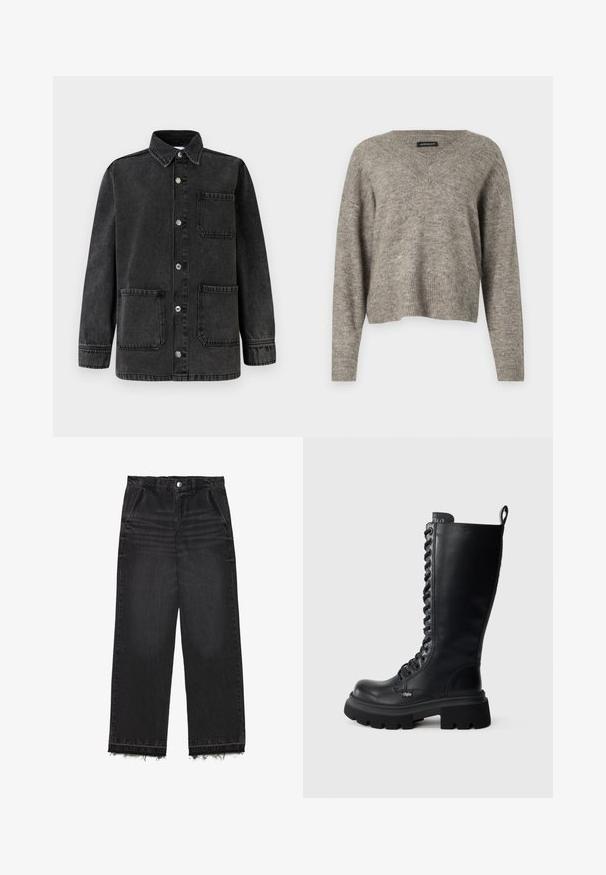 Sort denimjakke med krave, to forlommer og sølvfarvede trykknapper. Stoffet har en let slidt tekstur.; V-hals, langærmet sweater i lysegrå strikket stof med ribbet kant. Let vægt, let cropped design med afslappet pasform.; Sorte denimbukser med lige ben. Har høj talje, rå kant og en diskret falmet struktur. Foran er der lommer.; Sorte læder knæhøje støvler med rund tå, snørebånd foran og en tyk, tekstureret gummisål. Har logo detalje på siden.
