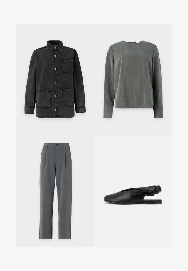 Veste en denim noir avec un col, deux poches avant et des boutons-pression argentés. Le tissu présente une texture légèrement usée.; Haut à manches longues gris rayé avec un col rond et une coupe décontractée. Des rayures verticales en gris clair contrastent avec la texture de tissu plus foncé.; Pantalon gris coupe droite avec passants de ceinture, fermeture à boutons sur le devant et plis près de la taille sur fond blanc.; Chaussure plate pour femme noire à bride arrière, avec un bout pointu et une bride élastique froncée au talon sur fond blanc.