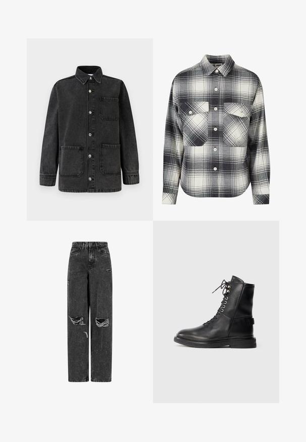Sort denimjakke med krave, to forlommer og sølvfarvede trykknapper. Stoffet har en let slidt tekstur.; Rutet flannel skjorte i sort, hvid og grå. Har knaplukning foran, to brystlommer og lange ærmer med knapmansjetter.; Sorte højtaljede brede bukser af jeans med rifter på knæene og slidte detaljer på en hvid baggrund.; Sort læder ankelstøvle med snørre i front, sølv øjer, tekstureret sort gummisål og polstret krave for komfort.