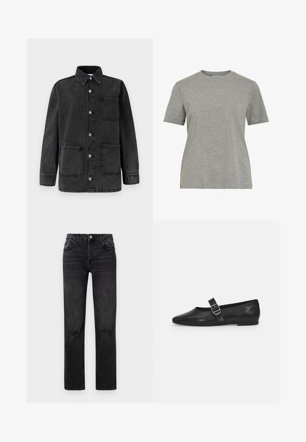 Veste en denim noir avec un col, deux poches avant et des boutons-pression argentés. Le tissu présente une texture légèrement usée.; T-shirt gris en coton avec un col rond classique, des manches courtes et une texture lisse, idéal pour un usage décontracté.; Jean en denim noir avec un design à jambe droite. Les caractéristiques comprennent deux poches avant, des accents déchirés au niveau des genoux et une fermeture à bouton.; Chaussure plate en cuir noir avec un bout arrondi, une seule sangle réglable à boucle et une texture lisse et brillante. Design minimaliste avec un petit talon.