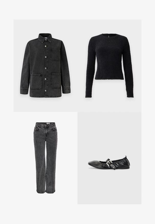 Sort denimjakke med krave, to forlommer og sølvfarvede trykknapper. Stoffet har en let slidt tekstur.; Sort, langærmet, fuzzy tekstureret striktrøje med rund hals og let figursyet liv.; Sorte denimjeans med lige ben, der har forlommer, bæltestropper og en subtil, falmet tekstur.; Sorte læder flade sko med spids tå, samling detaljer omkring åbningen, og en sølv spænde accent på den justerbare rem.