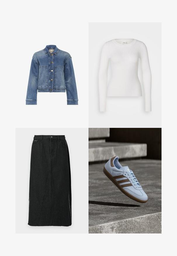 Jeansjacke in Hellblau mit klassischem Kragen, Knopfleiste, zwei vorderen Taschen und langen Ärmeln. Hat eine leicht ausgewaschene Textur.; Weißes langärmliges Rippoberteil mit rundem Halsausschnitt. Der Stoff ist glatt, mit einer subtilen Textur und einer figurbetonten Passform. Keine sichtbaren Beschläge oder Muster.; Schwarzer Denim-Rock mit hoher Taille, geradem Schnitt und einzigartigen schrägen Nähten. Verfügt über seitliche Schlitze und einen Knopfverschluss am Bund.; Hellblauer Sneaker mit braunen Wildlederakzenten, drei seitlichen Streifen, flachen Schnürsenkeln und einer strukturierten Gummisohle. Markenlogo auf der Zunge.