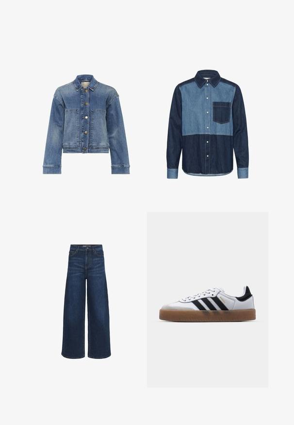 Lysblå denimjakke med klassisk krave, knaplukning, to frontlommer og lange ærmer. Har en let falmet tekstur.; Herretøj langærmet denimskjorte med tofarvede blå paneler, kontrasterende brystlomme, knappet front og krave.; Bredbenede denimjeans i mørkeblå med høj talje, med forlommer, knaplukning og diskret falmet detaljering.; Hvide lædersneakers med sorte striber, gummirubber sål, rund tå, snørelukning og blød grå ruskinds tåhætte.