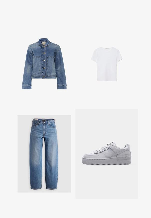 Lysblå denimjakke med klassisk krave, knaplukning, to frontlommer og lange ærmer. Har en let falmet tekstur.; Hvid kortærmet t-shirt lavet af blødt stof. Har en rund halsudskæring og et simpelt, rent design med en lige underkant.; Lysblå lige ben jeans lavet af denim. Har et klassisk fem-lomme design og subtile falmede områder langs benene.; Grå Nike Air Force 1 sneakers med perforeret tå, glat læderoverdel, tyk sål og præget 'AIR' detalje på hælen.