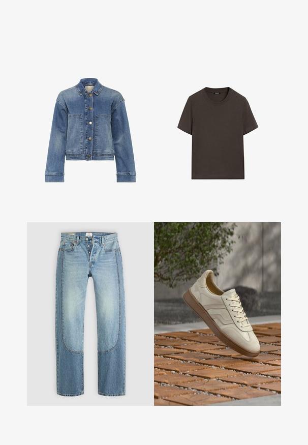 Lysblå denimjakke med klassisk krave, knaplukning, to frontlommer og lange ærmer. Har en let falmet tekstur.; Mørkebrun kortærmet t-shirt lavet af bomuld. Har en rund halsudskæring og en afslappet pasform, uden synlige mønstre eller detaljer.; Lyseblå denimjeans med en lige, løs pasform, der har kontrasterende paneldetaljer og en fem-lommer design. Knap-lukning.; Sneakers i cremefarve med en struktureret beige gummisål, snøredesign og diskret brand på siden. Overdel i glat læder.