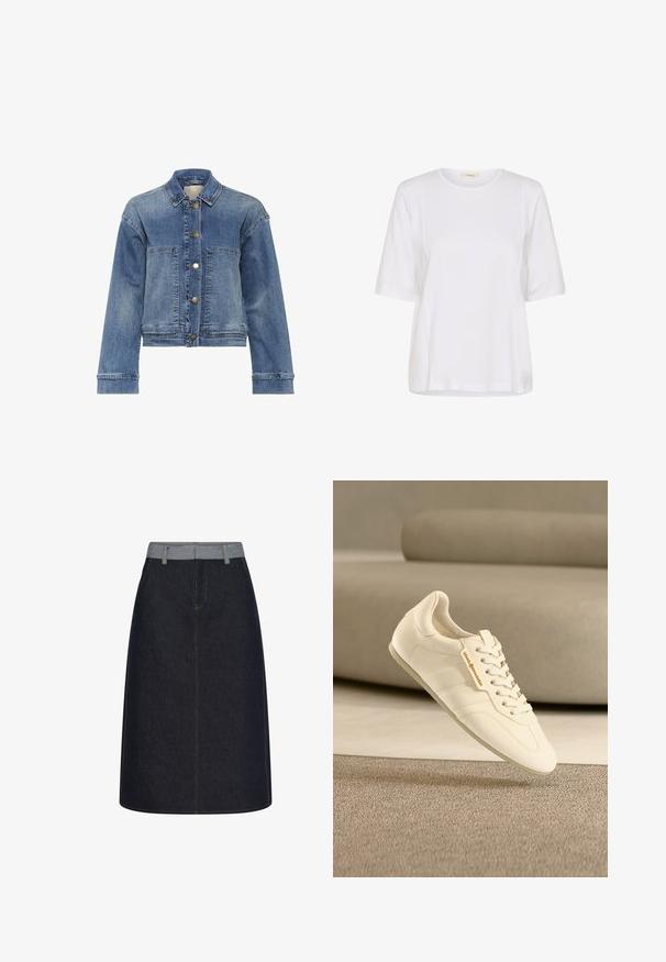 Jeansjacke in Hellblau mit klassischem Kragen, Knopfleiste, zwei vorderen Taschen und langen Ärmeln. Hat eine leicht ausgewaschene Textur.; Weißes T-Shirt mit kurzen Ärmeln und Rundhalsausschnitt, sichtbaren Seitennähten und einem kleinen beigen Etikett im Kragen.; Dunkelblauer Denim-Rock in A-Linie mit hellblauem Bund und Gürtelschlaufen, mit kontrastierenden Nähten und einer vorderen Nahtdetail.; Hellbeiger Ledersneaker mit strukturierter Oberfläche, flachen Schnürsenkeln und dezentem Branding, mit einem schlanken Design und minimalistischer Silhouette.