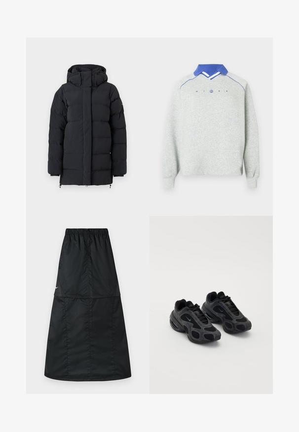Schwarze gepolsterte Winterjacke mit hohem Kragen und Kapuze, ausgestattet mit langen Ärmeln und einem durch eine Klappe verdeckten Reißverschluss auf der Vorderseite.; Hellgrauer Langarm-Sweatshirt mit blauem Polo-Kragen, blauen Paspelierungen an den Schultern und dem Schriftzug "NIKE" mit einem runden Logo auf der Brust.; Schwarzer sportlicher Rock aus leichtem, glattem Nylonstoff. Verfügt über einen elastischen Bund und ein schlichtes, langes, A-förmiges Design.; Schwarze Nike-Sneaker mit Mesh- und Wildlederpaneelen, einzigartigen Ausschnitten und gepolsterten Kragen. Glänzende Akzente an den Seiten betonen ein modernes Design.