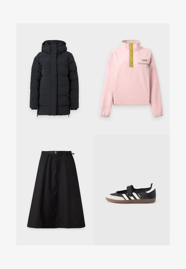 Veste d'hiver noire matelassée avec un col montant et une capuche, dotée de manches longues et d'une fermeture éclair à l'avant dissimulée par un rabat.; Pull polaire rose clair avec un col montant, quatre boutons jaunes, une poche zippée grise et des bordures élastiques à l'ourlet et aux poignets.; Jupe noire en ligne A avec ceinture intégrée et boucle, avec une petite étiquette logo sur le côté droit de la ceinture.; Baskets noires et beiges avec une bride en velcro, trois bandes blanches sur le côté, et une semelle en caoutchouc marron texturée. Logo de la marque visible.