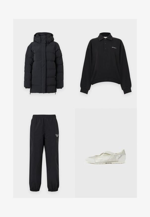 Schwarze gepolsterte Winterjacke mit hohem Kragen und Kapuze, ausgestattet mit langen Ärmeln und einem durch eine Klappe verdeckten Reißverschluss auf der Vorderseite.; Schwarzes Polohemd mit langen Ärmeln, drei Knöpfen, gerippten Bündchen und weißem Carhartt-Logo auf der linken Brust.; Schwarze Hosen mit elastischem Bund und elastischen Bündchen sowie einem kleinen weißen Carhartt-Logo am oberen linken Oberschenkel.; Silberner und weißer flacher Ballett-Sneaker mit elastischen Kreuzriemen und strukturierter Sohle auf hellem Hintergrund.