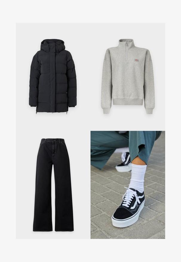 Sort polstret vinterjakke med høj krave og hætte, med lange ærmer og en frontlynlås dækket af en flap.; Lysegrå sweatshirt med kvart-lynlås, ribkant ved ærmer og kant, med en lille flerfarvet logopatch på venstre bryst.; Sorte højtaljede bukser med vide ben, foran med knap og lynlås, synlige hvide syninger langs sømme og lommer.; Sorte ruskinds sneakers med hvide accenter og snørebånd, der har en tyk hvid sål og kontrasterende syninger, parret med en hvid sok.