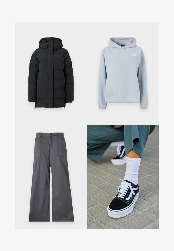 Schwarze gepolsterte Winterjacke mit hohem Kragen und Kapuze, ausgestattet mit langen Ärmeln und einem durch eine Klappe verdeckten Reißverschluss auf der Vorderseite.; Hellblauer Fleecepullover mit Kapuze, Vordertasche, verstellbarer Kapuze und gerippten Bündchen. Mit kleinem weißem Logo auf der linken Brust.; Grau weite Hose mit glatter Oberfläche, ausgestattet mit Fronttaschen, einem Knopfverschluss und genähten Details entlang der Nähte.; Schwarze Wildledersneaker mit weißen Akzenten und Schnürsenkeln, ausgestattet mit einer dicken weißen Sohle und kontrastierenden Nähten, kombiniert mit einer weißen Socke.