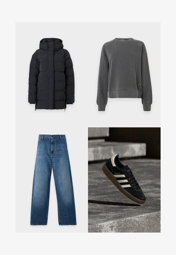 Chaqueta de invierno acolchada negra con cuello alto y capucha, que cuenta con mangas largas y cremallera frontal oculta por una solapa.; Sudadera de cuello redondo en tejido gris oscuro, con puños y dobladillo acanalados, y un pequeño parche de logo en el lado inferior. Textura suave.; Vaqueros de mezclilla azul de pierna ancha con cintura alta, cierre de botones, trabillas para cinturón y un sutil desgaste en los muslos y las rodillas.; Zapatilla negra de Adidas con rayas blancas y suela de goma flotando sobre escalones de concreto gris a la luz natural.