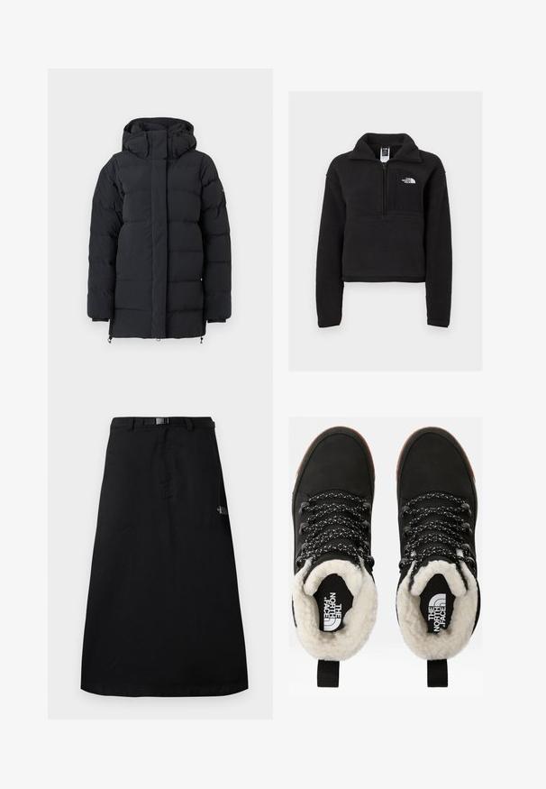 Veste d'hiver noire matelassée avec un col montant et une capuche, dotée de manches longues et d'une fermeture éclair à l'avant dissimulée par un rabat.; Pull en polaire noir avec une fermeture éclair quart, col haut et une poche poitrine arborant un logo blanc. Texture douce et design court.; Jupe midi noire avec ceinture à taille ajustable et logo The North Face sur le côté droit.; Bottes noires en cuir synthétique imperméables à la cheville, avec une doublure en fausse fourrure, un tissu texturé, des lacets à motifs noirs et blancs, et une languette au niveau du talon.