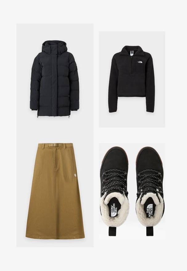 Schwarze gepolsterte Winterjacke mit hohem Kragen und Kapuze, ausgestattet mit langen Ärmeln und einem durch eine Klappe verdeckten Reißverschluss auf der Vorderseite.; Schwarzer Fleece-Pullover mit Viertelreissverschluss, hohem Kragen und einer Brusttasche mit einem weißen Logo. Weicher Stoff und verkürzter Schnitt.; Langer, brauner Outdoor-Rock mit Taschen vorne, integriertem Gürtel und The North Face Logo auf der rechten Seite.; Schwarze wasserdichte Knöchelstiefel mit einem Futter aus Kunstfell, strukturiertem Stoff, weiß-schwarzem Muster für die Schnürsenkel und einer Schlaufe an der Ferse.