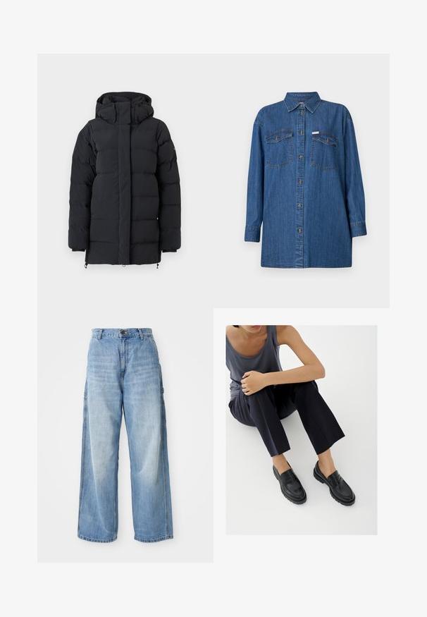 Schwarze gepolsterte Winterjacke mit hohem Kragen und Kapuze, ausgestattet mit langen Ärmeln und einem durch eine Klappe verdeckten Reißverschluss auf der Vorderseite.; Jeanshemd, lange Ärmel, hellblau, zwei Brusttaschen, Knopfleiste, klassischer Kragen, strukturiertes Gewebe, entspannter Schnitt.; Hellblaue weite Jeans mit hoher Taille, ausgestattet mit seitlichen Taschen und einer ausgeblichenen Textur, aus Denim-Material gefertigt.; Schwarze Leder-Loafer mit strukturierten Akzenten, niedrigem Absatz, rundem Zehenbereich und sichtbarer Naht. Das Modell trägt dunkle Hosen und ein graues Oberteil.