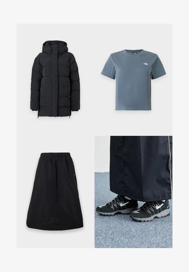Zwarte gewatteerde winterjas met hoge kraag en capuchon, voorzien van lange mouwen en een voordeel met een rits die verborgen is achter een flap.; Grijsblauw T-shirt met korte mouwen en ronde hals, met een klein wit The North Face-logo op de linkerborst, afgebeeld tegen een witte achtergrond.; Zwarte A-lijn rok met elastische tailleband en verstelbare trekkoord, knielengte, effen ontwerp met zijzakken.; Zwarte atletische schoenen met een gestructureerde bovenkant, zilveren accenten en een gestippelde loopzool, gecombineerd met een zwart lang kledingstuk. Geplaatst op een blauwe vloerbedekking.