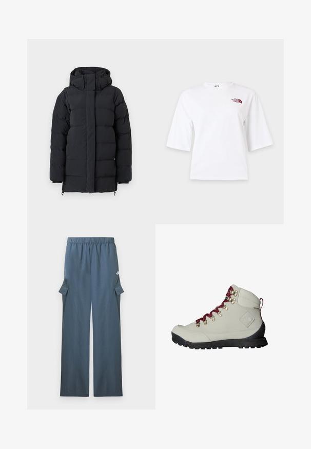 Zwarte gewatteerde winterjas met hoge kraag en capuchon, voorzien van lange mouwen en een voordeel met een rits die verborgen is achter een flap.; Witte T-shirt met korte mouwen, ronde hals en klein kastanjebruin "The North Face" logo op de linker bovenborst.; Donkerblauwe wijde cargobroek met elastische tailleband en klepzakken aan de zijkanten, met merklogo op de bovenkant van het bovenbeen.; Beige wandelschoen met rode veters, metalen oogjes en een gestructureerd oppervlak. Heeft een stevige zwarte zool en een opvallend logo op de zijkant.