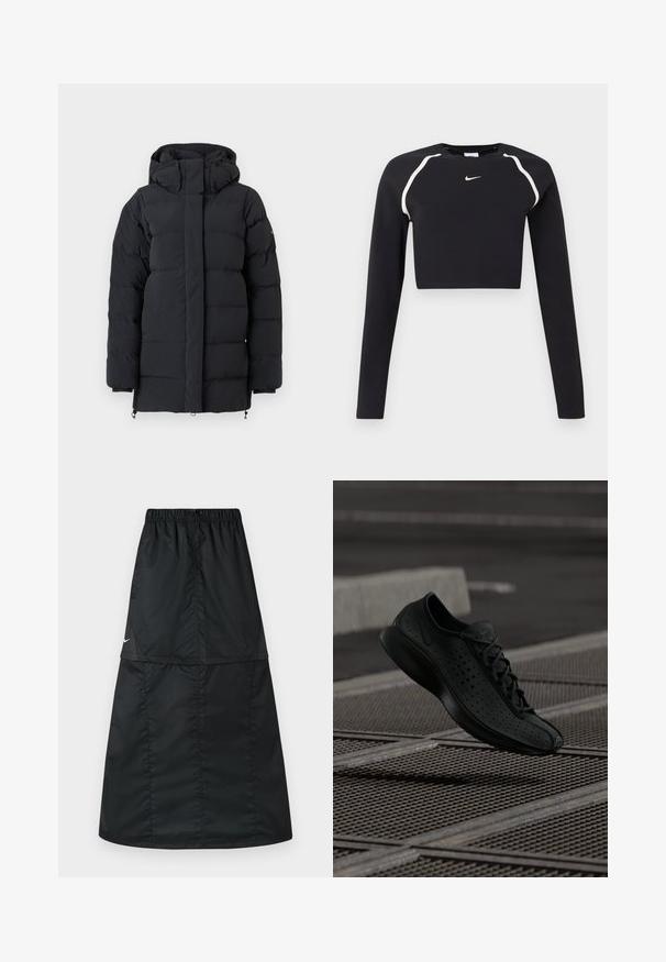 Sort polstret vinterjakke med høj krave og hætte, med lange ærmer og en frontlynlås dækket af en flap.; Sort langærmet cropped sports top med hvide buede skulderstriber og lille hvid Nike swoosh-logo i midten af brystet.; Sort atletisk nederdel lavet af let, glat nylonstof. Har elastisk taljebånd og et enkelt, langt, A-formet design.; Sort atletisk sko med perforeret overdel, rund tå og minimalistisk design. Har flade snørebånd og en polstret sål for komfort.