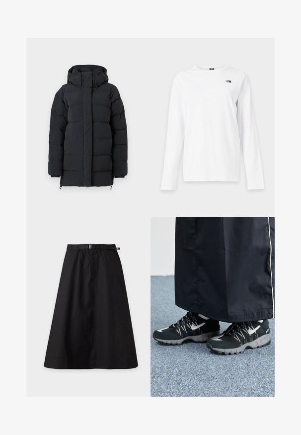 Sort polstret vinterjakke med høj krave og hætte, med lange ærmer og en frontlynlås dækket af en flap.; Hvid langærmet T-shirt med rund hals og lille sort The North Face-logo på venstre bryst.; Sort A-formet nederdel med indbygget bælte og spænde, med et lille logo-tag på højre side af linningen.; Sorte sportsko med en struktureret overdel, sølvdetaljer og en mønstret ydersål, parret med et langt sort plagg. Sat mod blå tæpper.