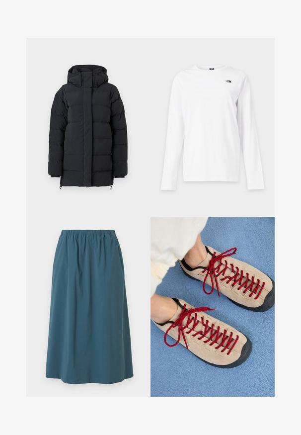 Sort polstret vinterjakke med høj krave og hætte, med lange ærmer og en frontlynlås dækket af en flap.; Hvid langærmet T-shirt med rund hals og lille sort The North Face-logo på venstre bryst.; Blå knælængde nederdel med elastisk taljebånd, glat stof og let rynker ved toppen, vist mod en hvid baggrund.; Beige sko med røde snørebånd, placeret på en blå tekstureret overflade, delvist synliggørende en persons ankel. Skoene har et sporty design.