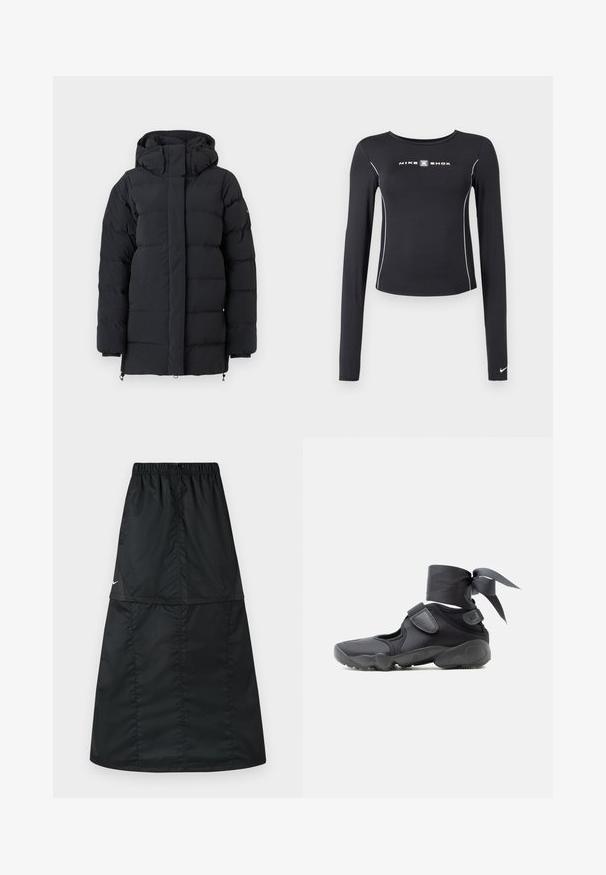Chaqueta de invierno acolchada negra con cuello alto y capucha, que cuenta con mangas largas y cremallera frontal oculta por una solapa.; Camiseta deportiva negra de manga larga con cuello redondo, corte ajustado, costuras blancas decorativas y logo "NIKE SHOX" en el centro.; Falda deportiva negra hecha de tela de nylon ligera y suave. Presenta una cintura elástica y un diseño simple, largo y en línea A.; Zapatilla deportiva negra con aberturas, correas de velcro y envoltura en el tobillo atada en un lazo, vista lateral sobre un fondo blanco.