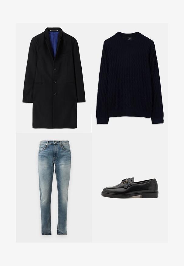 Zwarte wollen jas met een getailleerd ontwerp, notch-kraag, vijf knopen sluiting, zijzakken en een blauwe satijnen voering.; Marineblauwe trui met lange mouwen van Armani Exchange, met een gestructureerd golvend breipatroon en een geribbelde ronde halslijn, manchet en onderrand.; Slim-fit blauwe denim jeans met een vervaagde wasbeurt, vijf-pocket stijl, knoopsluiting en subtiele slijtage op de heupen en knieën.; Zwarte leren instappers met een ronde neus en een decoratieve gesp. Platte, stevige hak en een gladde textuur overal.