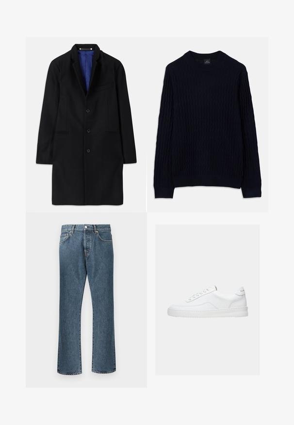 Manteau en laine noir au design ajusté, à revers cranté, fermeture à cinq boutons, poches latérales et doublure en satin bleu.; Pull à manches longues bleu marine avec un motif tricoté ondulé texturé et un col rond côtelé, des poignets et un ourlet de Armani Exchange.; Jean en denim bleu avec une coupe droite, dotés d'une fermeture classique à bouton et à glissière, de cinq poches et d’un léger délavage.; Baskets basses blanches avec un design à lacets, dessus en cuir lisse et semelle épaisse, montrées de profil sur un fond uni.