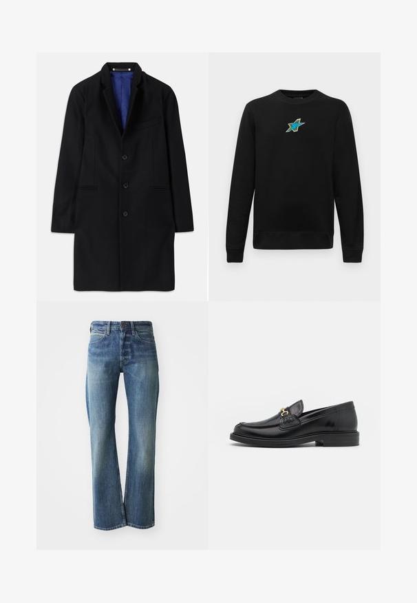 Zwarte wollen jas met een getailleerd ontwerp, notch-kraag, vijf knopen sluiting, zijzakken en een blauwe satijnen voering.; Zwarte lange mouwen crewneck sweatshirt met een klein geborduurd ontwerp van een blauwe en groene ster, gecentreerd op de borst.; Denim jeans in een licht tot gemiddeld blauwe kleur, met een recht gesneden pijp, klassiek vijf-pocket ontwerp en subtiele vervaging aan de voorkant.; Zwarte leren instappers met een ronde neus, voorzien van een gouden hardware accent en stikdetails, geplaatst op een lage, getextureerde rubberen zool.