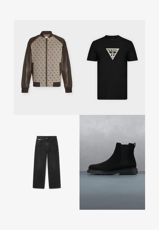 Jachetă bomber bej și maro cu panou frontal modelat cu logo repetat, mâneci din piele maro, manșete căptușite, guler și închidere cu fermoar.; Tricou negru cu mâneci scurte, cu logo Guess triunghiular alb și design cu semn de întrebare centrat pe piept.; Blugi negri cu croială dreaptă, nasture și fermoar frontal, cinci buzunare și o etichetă mică a brandului pe buzunarul drept din față.; Botină neagră până la gleznă, realizată dintr-un material neted, cu cusături subtile, talpă din cauciuc și un design elegant, așezată deasupra unei suprafețe cu textură de lemn.