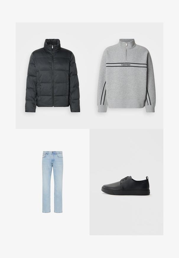 Doudoune noire matelassée avec un col montant, fermeture éclair à l'avant et texture matelassée. Présente une coupe carrée et un motif à carreaux subtil.; Sweat-shirt gris à fermeture éclair avec un col montant. Présente des bandes noires et un logo sur la poitrine. Tissu doux et texturé. Design décontracté.; Jean denim bleu clair coupe droite avec bouton sur le devant, fermeture éclair et design cinq poches, présenté sur fond blanc.; Baskets en cuir noir avec une finition lisse, bout arrondi, coutures ton sur ton, devant à lacets et semelle plate en caoutchouc. Anse au talon.