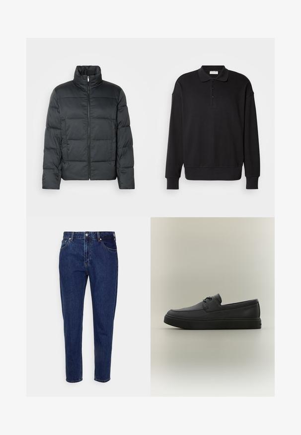 Doudoune noire matelassée avec un col montant, fermeture éclair à l'avant et texture matelassée. Présente une coupe carrée et un motif à carreaux subtil.; Polo-shirt noir à manches longues, texture côtelée, patte de boutonnage à trois boutons, logo brodé sur la poitrine, poignets et ourlet ajustés. Matière douce en mélange de coton.; Jean droit en denim bleu foncé avec fermeture à bouton et zip à l'avant, passants pour ceinture, poches avant et arrière.; Mocassin décontracté en cuir noir avec des détails de laçage et une semelle en caoutchouc épaisse, présenté de profil sur un fond neutre.