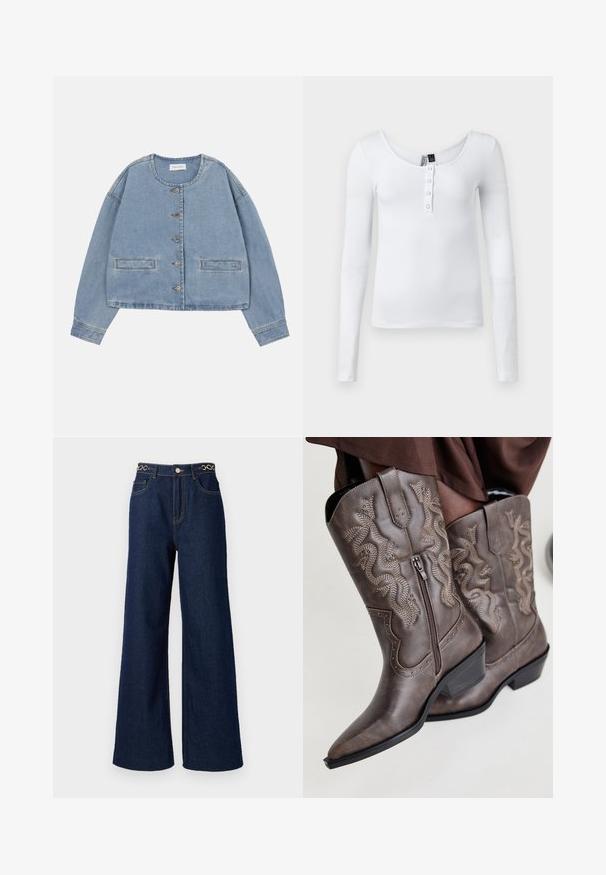 Veste en denim bleu clair courte avec col rond, cinq boutons sur le devant et deux poches horizontales fendues.; Haut à manches longues blanc en côtes avec un décolleté en forme de scoop et quatre boutons sur le devant. Le tissu a une texture lisse et un design ajusté.; Des jeans en denim bleu marine à jambes larges présentent une taille haute, des accents en chaîne dorée à la taille, et des détails de couture contrastants tout au long.; Bottes de cowboy en cuir marron avec un bout pointu, fermeture éclair sur le côté et design serpent texturé en beige, ornées de clous décoratifs le long des bords.