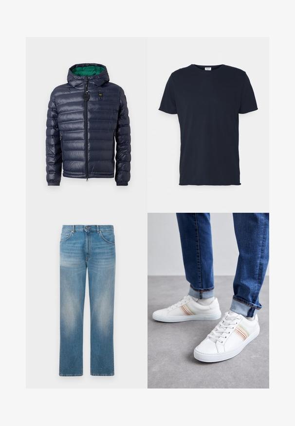 Doudoune navy avec capuche, design matelassé, intérieur vert, fermeture éclair et poches latérales. Présente une étiquette de marque sur la poitrine.; T-shirt en coton bleu marine avec un col rond et des manches courtes, présentant une texture lisse et un design simple, sans motifs ni accents visibles.; Jean en denim bleu à jambes droites avec des zones décolorées sur les cuisses et les genoux, présentant un design classique à cinq poches et une fermeture à bouton.; Baskets en cuir blanc avec des rayures multicolores, design à lacets, semelle en caoutchouc et col rembourré, associées à un jean en denim bleu.