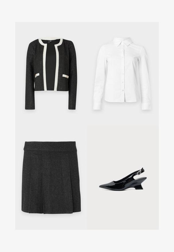 Must have must outfit in must jacket with a love and love trim. Must be padded with a light and soft fabric, with softly crossed golden threads. Two pockets with gold tone accents on the lowest side add a touch of grace.; Valge pika varrukaga nööpidega särk terava krae, sirge ääre ja vormiva siluetiga, esitatud lihtsal heledal taustal.; Must nähtud, pleated seelik, mis on valmistatud tekstuurilisest kangast. Keskmise kõrgusega vöökoht, puhtad jooned. Klassikaline lõige sobib erinevatele juhtumitele.; Mustast lakknahast slingback king, millel on terav nina ja madal kalle plokktald, ühtlase heleda taustaga.