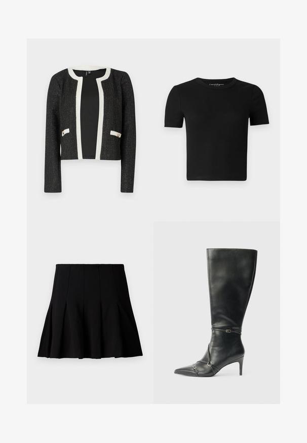 Veste noire cropped avec des finitions blanches et des poches, présentant un tissu texturé avec des fils métalliques et deux accents dorés sur les poches.; T-shirt noir ajusté à manches courtes, texture côtelée et col rond. Design simple, sans logo ni ornement visible.; Jupe noire courte plissée en tissu lisse. Dispose d'une taille élastique et d'une silhouette évasée qui s'étend jusqu'au milieu de la cuisse.; Bottes noires en cuir montant jusqu'au genou, avec un talon fin, un bout pointu et des détails de lanière à la cheville. Texture lisse et design ajusté.