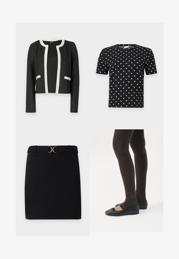 Veste noire cropped avec des finitions blanches et des poches, présentant un tissu texturé avec des fils métalliques et deux accents dorés sur les poches.; T-shirt noir à manches courtes avec une texture côtelée et des pois blancs, présentant un col rond et une coupe ajustée.; Jupe mini noire en tissu lisse, avec une taille structurée et une boucle de ceinture décorative en ton doré. Design simple et silhouette classique.; Jambes portant des leggings côtelés foncés associés à des ballerines noires avec de petits détails en nœud sur fond blanc.