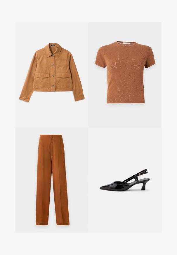 Veste brune cropped en matériau durable, dotée d'un col, d'une fermeture à boutons, de deux poches avant et d'une finition texturée.; Haut en maille marron à manches courtes avec col rond et motif abstrait perforé subtil sur tout le tissu.; Pantalons à jambes larges d'une couleur brun chaud, avec une texture lisse, une taille haute et des coutures blanches contrastantes le long des coutures.; Chaussure slingback en cuir verni noir à petit talon, bout pointu et bride réglable avec boucle dorée sur fond blanc.