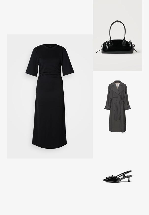 Grijze trenchcoat met een dubbelzijdige voorkant, een ceintuur in de taille, brede revers en mouwen. Heeft een soepele textuur en een op maat gemaakte ontwerp.; Zwarte katoenen maxi-jurk met korte mouwen, een ronde halslijn en geplooide details in de taille, met een soepele textuur en eenvoudig design.; Zwarte gepatineerde lederen slingback hakken met een puntige neus, een strikdetail aan de voorkant en een kleine stilettohak. De bandjes hebben verstelbare gespen.; Kleine zwarte glanzende handtas met twee lange hengsels en zijkant trekkoord details op een effen lichte achtergrond.