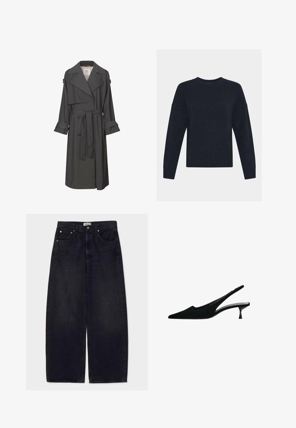 Grauer Trenchcoat mit einem doppelt-knöpfbaren Vorderteil, tailliertem Bund, breitem Kragen und Manschetten. Hat eine glatte Textur und ein maßgeschneidertes Design.; Langärmliger schwarzer Rundhalspullover mit einfachem, einfarbigem Strickdesign auf weißem Hintergrund dargestellt.; Schwarze Jeans mit weitem Bein aus Denim, mit kupferfarbenen Knöpfen, zwei Fronttaschen und einer glatten Textur. Sauberes Design mit geradem Schnitt.; Schwarze Wildleder-Slingback-Pumps mit spitzer Zehenpartie und schlankem Absatz. Glatte Textur mit minimalistischem Design und Ausschnittdetail.