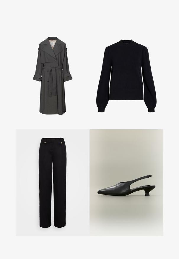 Grauer Trenchcoat mit einem doppelt-knöpfbaren Vorderteil, tailliertem Bund, breitem Kragen und Manschetten. Hat eine glatte Textur und ein maßgeschneidertes Design.; Schwarzer Strickpullover mit Rundhalsausschnitt, langen Puffärmeln und gerippten Bündchen an Ärmelenden und Saum. Weiche Textur mit minimalistischem Design.; Schwarze, weit geschnittene Hosen aus glattem Stoff. Mit zwei vorderen Knöpfen und einem hohen Taillendesign. Subtile Falten unterstreichen die Struktur.; Schwarzer Slingback-Schuh aus Leder mit spitzer Zehenpartie und niedrigem Kitten-Heel vor neutralem Hintergrund.