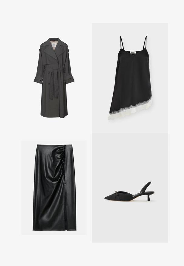Grauer Trenchcoat mit einem doppelt-knöpfbaren Vorderteil, tailliertem Bund, breitem Kragen und Manschetten. Hat eine glatte Textur und ein maßgeschneidertes Design.; Schwarzes ärmelloses Satinkleid mit dünnen Trägern und asymmetrischem Saum, der mit weißer Spitze besetzt ist.; Schwarzer Lederrock mit glatter Textur, der auf einer Seite einen gerafften Abschnitt und einen seitlichen Schlitz für zusätzlichen Detailreichtum aufweist.; Schwarze Slingback-Absätze mit einer spitzen Zehe, Obermaterial aus Stoff, Schleifenakzent am Vorderfuß und einem niedrigen, zylindrischen Absatz.