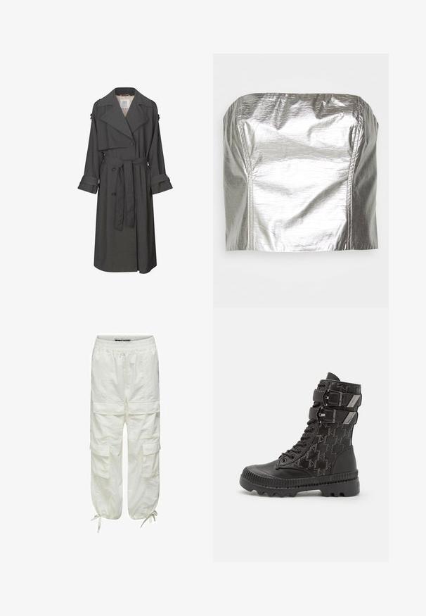 Grauer Trenchcoat mit einem doppelt-knöpfbaren Vorderteil, tailliertem Bund, breitem Kragen und Manschetten. Hat eine glatte Textur und ein maßgeschneidertes Design.; Gina Tricot TUBE - Top - silver-coloured; Weiße Cargo-Hose mit elastischem Bund, mehreren Seitentaschen und Zugbändern an den Knöcheln. Strukturiert, leichtes Gewebe.; Schwarze Kampfstiefel mit einer strukturierten Oberseite, die ein Hahnentrittmuster aufweist, zwei verstellbare Riemen und eine robuste Sohle.
