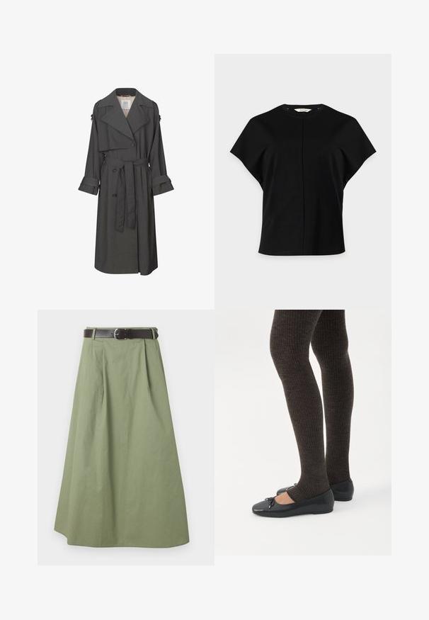 Grå trenchcoat med dobbelbrystet front, bælte i taljen, brede kraver og manchetter. Har en glat tekstur og skræddersyet design.; Sort women's top med korte ærmer, rund hals og central lodret sømdetalje, vist på en ensfarvet hvid baggrund.; Lyse olivengrøn lang nederdel med plisseringer og et mørkebrunt bælte med en sølvspænde ved taljen.; Ben iført mørke ribbede leggings kombineret med sorte balletsko med små sløjfedetaljer på hvid baggrund.