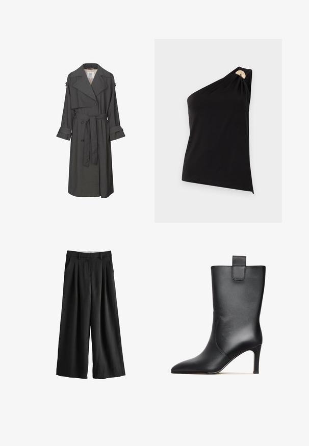 Grauer Trenchcoat mit einem doppelt-knöpfbaren Vorderteil, tailliertem Bund, breitem Kragen und Manschetten. Hat eine glatte Textur und ein maßgeschneidertes Design.; Schwarzes ärmelloses Ein-Schulter-Top mit goldenem runden Schnallendetail am Träger, glatter Stoff, taillierte Silhouette.; Schwarze Hose mit weitem Bein, Falten, seitlichen Taschen, Gürtelschlaufen und einem sauberen vorderen Verschluss, dargestellt vor weißem Hintergrund.; Schwarze Lederstiefelette mit spitzem Zeh, schlanker Form, hohem Absatz und einer kleinen Schlaufe hinten für einfaches Anziehen. Glatte Textur.