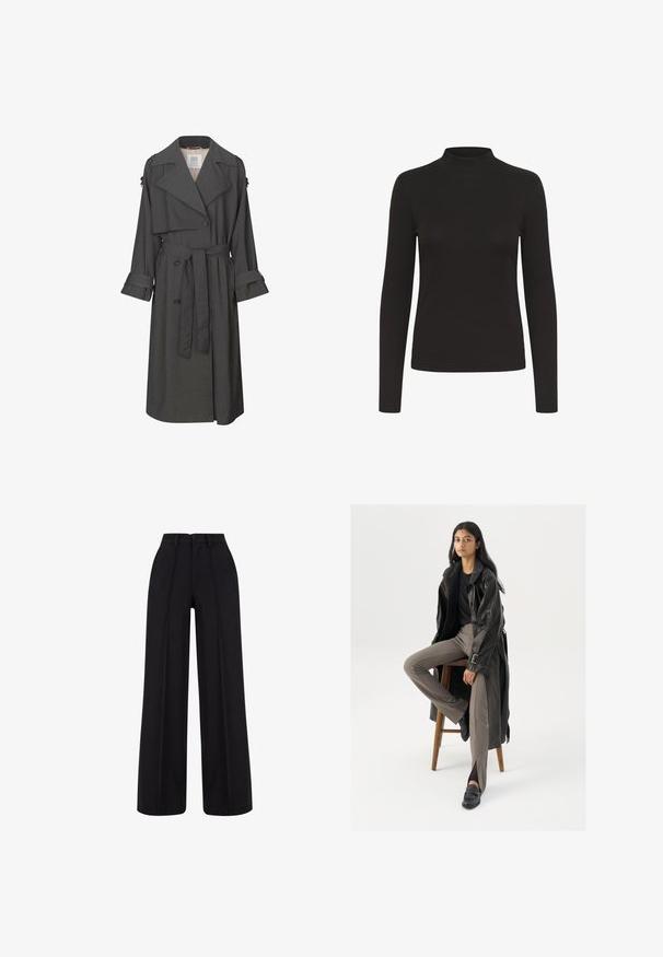 Grå trenchcoat med dobbelbrystet front, bælte i taljen, brede kraver og manchetter. Har en glat tekstur og skræddersyet design.; Sort langærmet ribbet top med høj hals, tætsiddende snit og enkel design, præsenteret på hvid baggrund.; Sorte højtaljede bukser med vide ben, forreste syninger, bæltestropper og knaplukning i taljen.; Sort læder trench coat med knapper og bælte detalje, parret med lysebrune tætsiddende bukser og sorte loafers, siddende på en træstol.