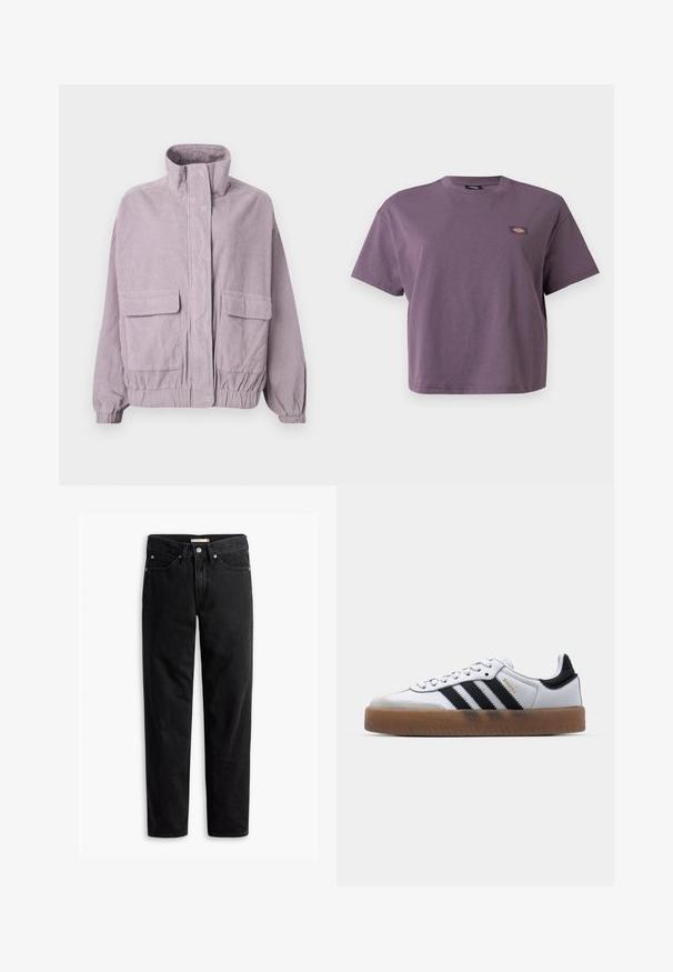 Λιλά καπιτονέ jacket με ψηλό γιακά, μπροστινές θήκες με καπάκι, ελαστικές μανσέτες και λεπτομέρεια στο στρίφωμα, εκτεθειμένο σε λευκό φόντο.; Μωβ κοντομάνικο T-shirt με στρογγυλή λαιμόκοψη και μικρό ορθογώνιο λογότυπο στο αριστερό στήθος.; Μαύρα τζιν με ίσια γραμμή, με κλείσιμο από κουμπί και φερμουάρ, θηλιές ζώνης και εμπρόσθιες και οπίσθιες τσέπες, τοποθετημένα επίπεδα σε λευκό φόντο.; Λευκά δερμάτινα αθλητικά παπούτσια με μαύρες ρίγες, σόλα από καουτσούκ γκιομ, στρογγυλή μύτη, κλείσιμο με κορδόνια και μαλακή γκρι σουέτ μύτη.