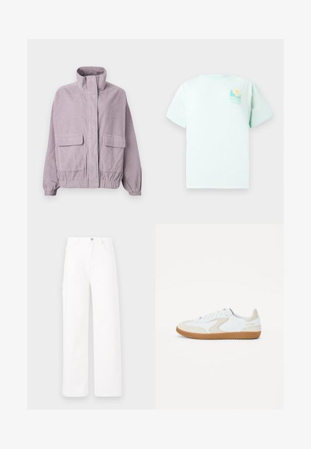 Veste en velours côtelé lilas avec un col haut, poches à rabat à l'avant, poignets élastiques et détail d'ourlet, présentée sur un fond blanc.; T-shirt vert menthe en coton, avec des manches courtes et un col rond. L'avant présente un logo graphique avec un design de paysage et de soleil.; Pantalons en denim blanc avec un design à jambes larges, style classique à cinq poches et surface unie sans motifs ni embellissements.; Baskets blanches avec des accents en brun, en daim et en cuir lisse, bout arrondi, semelle plate en caoutchouc et logo sur le talon.