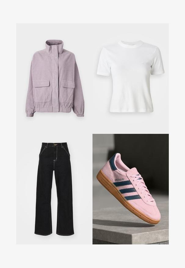 Veste en velours côtelé lilas avec un col haut, poches à rabat à l'avant, poignets élastiques et détail d'ourlet, présentée sur un fond blanc.; T-shirt blance à manches courtes en côte, avec un col rond et un petit logo sur la poitrine. Fabriqué en tissu doux avec une coupe ajustée.; Jean noir à jambes larges en denim. Caractérisé par des coutures blanches contrastantes, des poches avant et une fermeture boutonnée à la taille.; Baskets en daim rose clair avec trois rayures bleu marine, semelle en caoutchouc et lacets rose clair. Présente un logo "SPEZIAL" sur le côté.