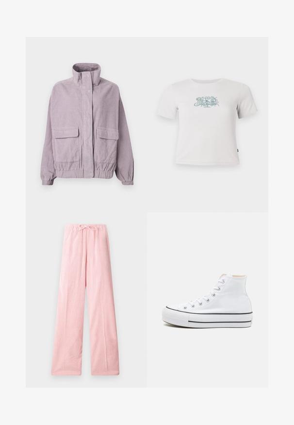 Λιλά καπιτονέ jacket με ψηλό γιακά, μπροστινές θήκες με καπάκι, ελαστικές μανσέτες και λεπτομέρεια στο στρίφωμα, εκτεθειμένο σε λευκό φόντο.; Κοντό λευκό ριμπ T-shirt με κοντά μανίκια και μικρή πράσινη λουλουδάτη απεικόνιση στο κέντρο του στήθους.; Ανοιχτό ροζ παντελόνια σε φαρδιά γραμμή, κατασκευασμένα από μαλακό ύφασμα, με ελαστική μέση και κορδόνι ρύθμισης για προσαρμόσιμη εφαρμογή και διακριτική υφή.; Λευκά ψηλά αθλητικά παπούτσια από καμβά, με μαύρη καουτσούκ σόλα και αντίθετη μαύρη ρίγα στη μεσόσολα. Κυκλική μύτη και σχέδιο με κορδόνια.